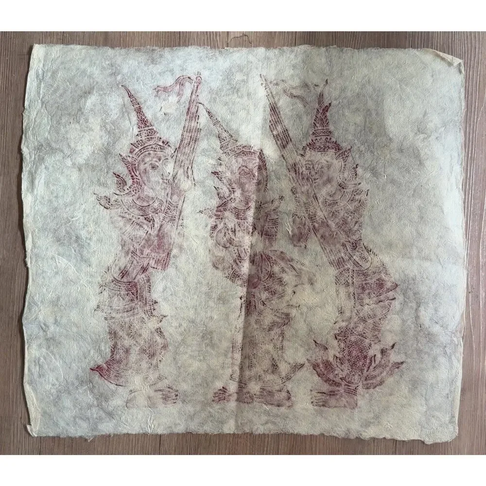 Vintage Thai Temple Rubbing Figural Dancers Print on Handmade Mulberry Paper